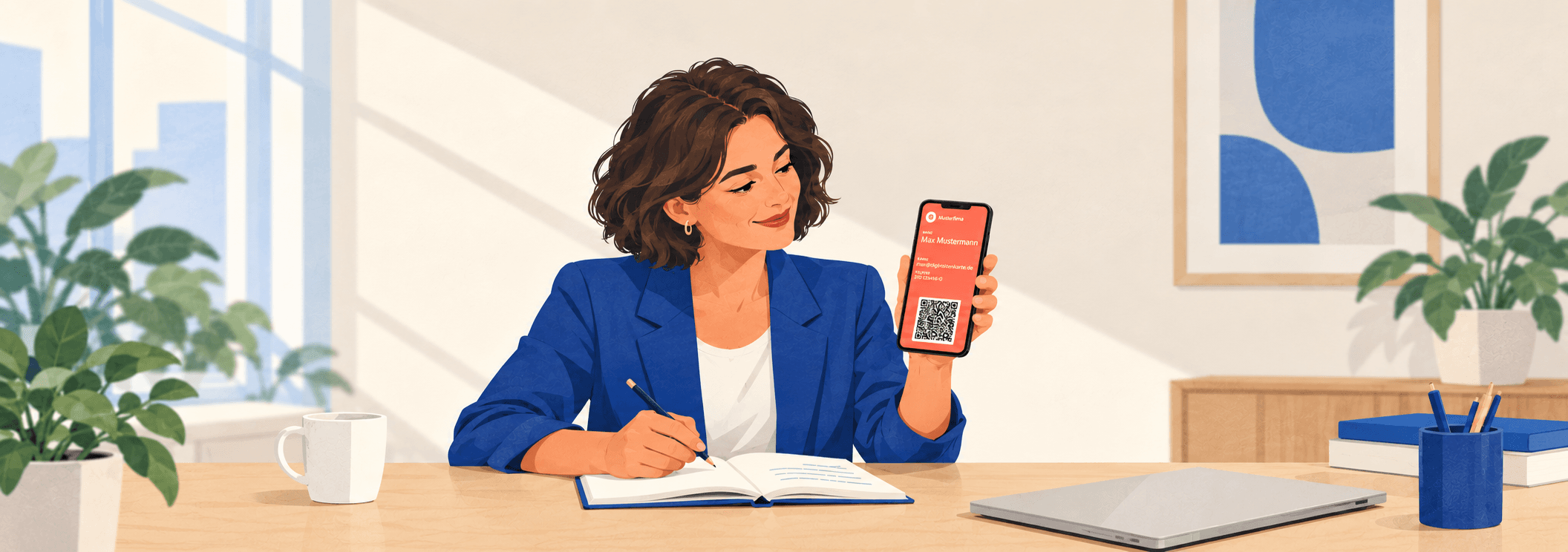 Illustration einer Frau im blauen Blazer, die am Schreibtisch eine korallfarbene Wallet-Visitenkarte auf ihrem Smartphone betrachtet und ein Notizbuch vor sich hat.
