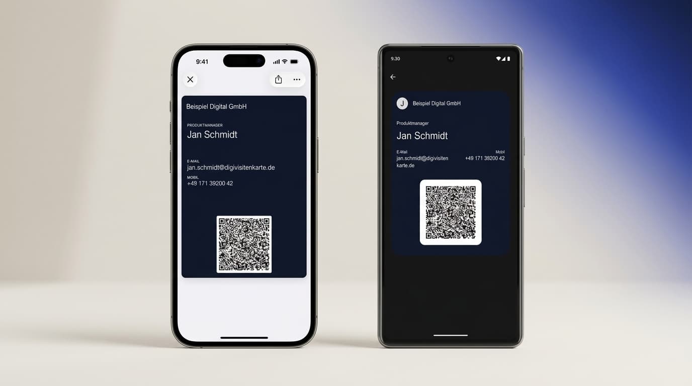 Zwei Smartphones nebeneinander: links ein iPhone mit einer dunkelblauen digitalen Visitenkarte im Apple Wallet, rechts ein Android-Handy mit derselben Karte im Google Wallet, jeweils mit scannbarem QR-Code