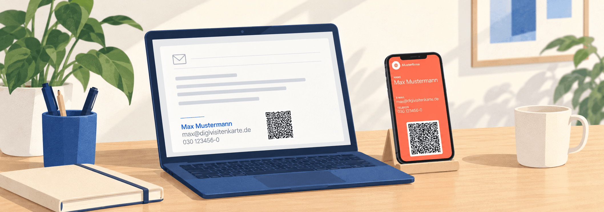 Reduzierte Illustration eines Laptops mit E-Mail-Signatur und QR-Code neben einem Smartphone mit korallfarbener Wallet-Visitenkarte.
