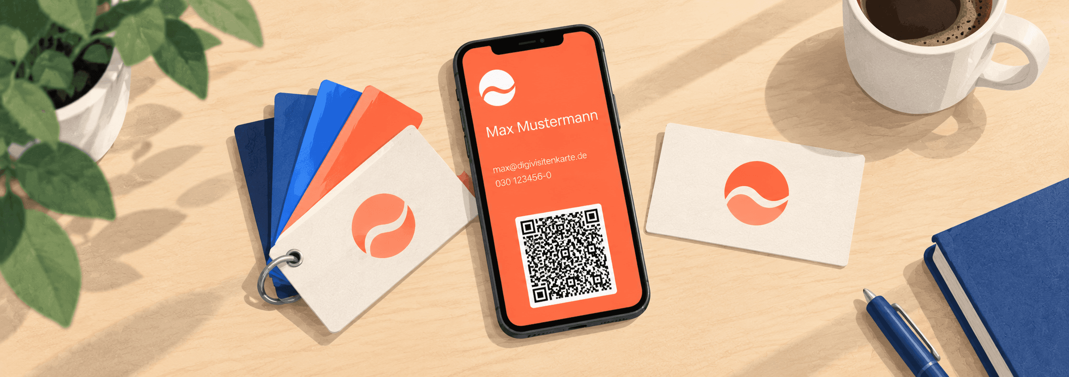 Illustration einer korallfarbenen Wallet-Visitenkarte auf einem Smartphone, daneben Farbmuster und eine Papierkarte mit demselben abstrakten Logo.