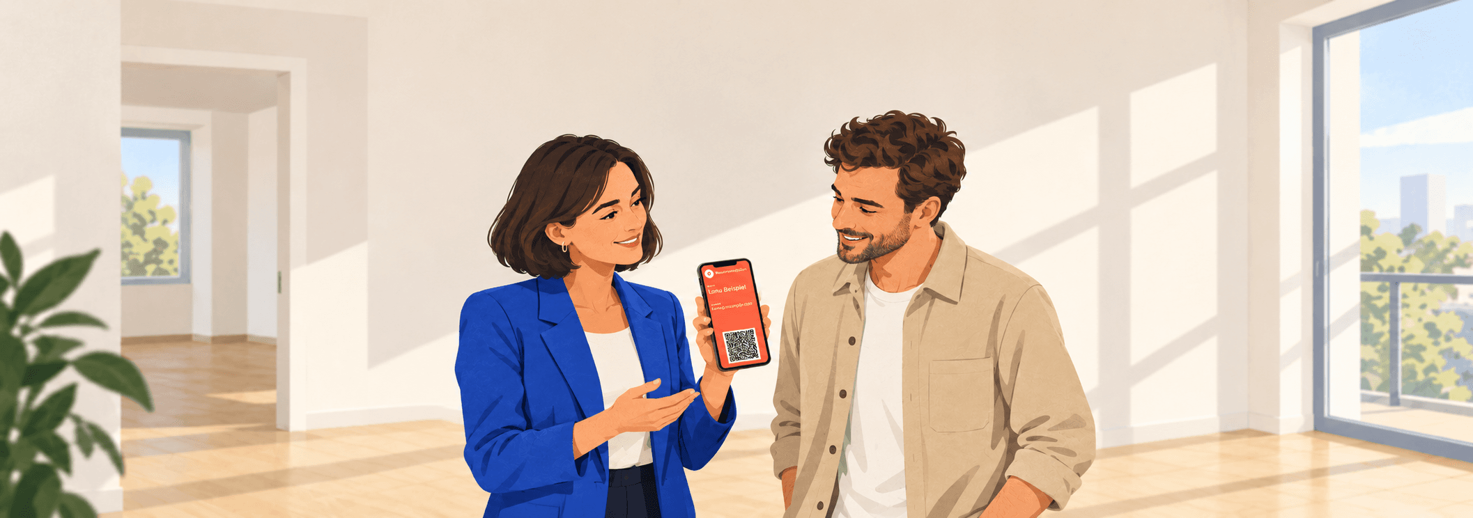 Illustration einer Immobilienmaklerin, die einem Interessenten nach einer Wohnungsbesichtigung ihre digitale Visitenkarte auf dem Smartphone zeigt.