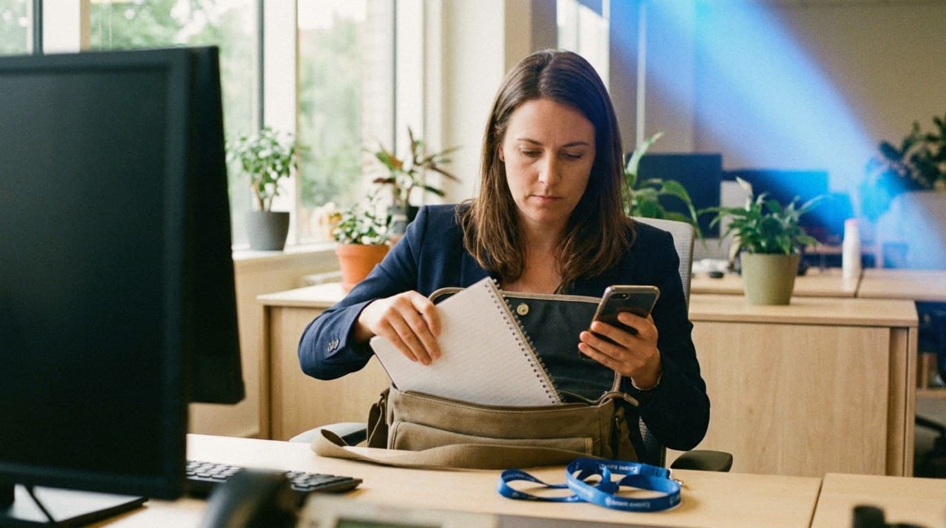 Eine Frau im dunkelblauen Blazer sitzt an einem hellen Bürotisch und steckt einen Notizblock in eine Umhängetasche, während sie in der anderen Hand ihr Smartphone hält; auf dem Tisch liegt ein blaues Event-Lanyard, im Hintergrund Pflanzen und Fenster.