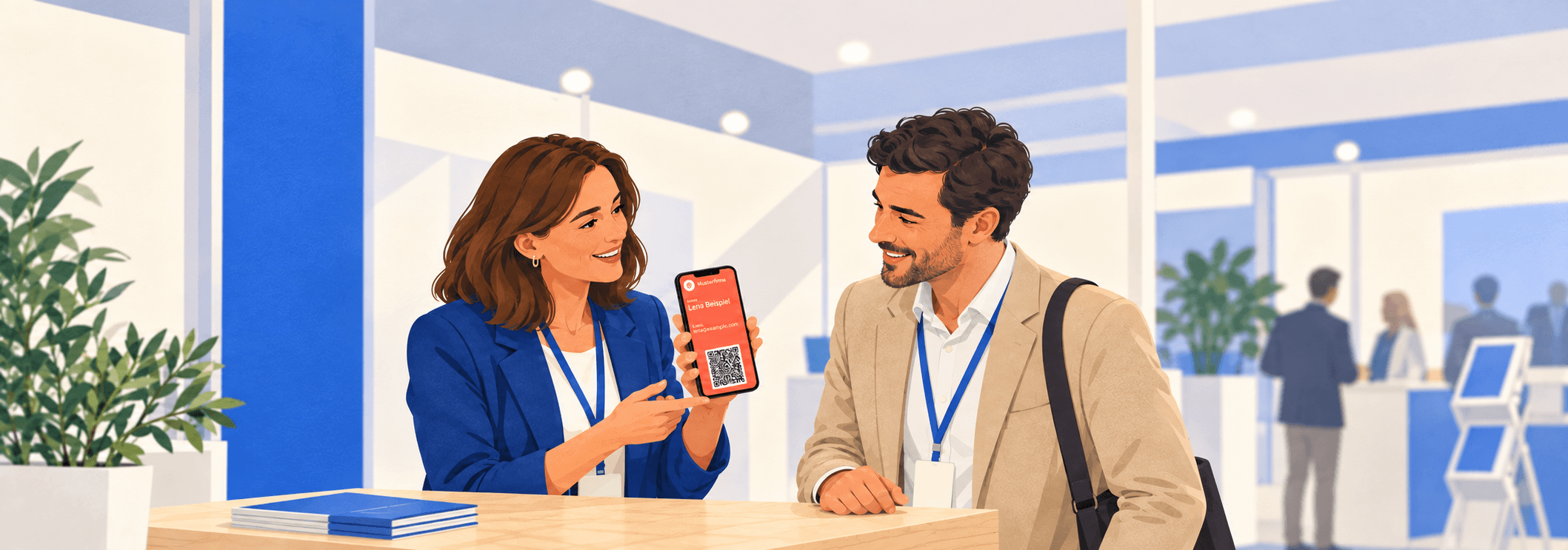 Illustration einer Ausstellerin, die einem Besucher am Messestand ihre orange Wallet-Visitenkarte auf dem Smartphone zeigt.