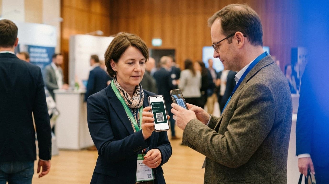 Auf einer Konferenz hält eine Frau im blauen Blazer mit grünem Lanyard ihr Smartphone mit einer grünen Google-Wallet-Visitenkarte hoch, ein Mann mit Brille scannt sie mit seinem eigenen Handy