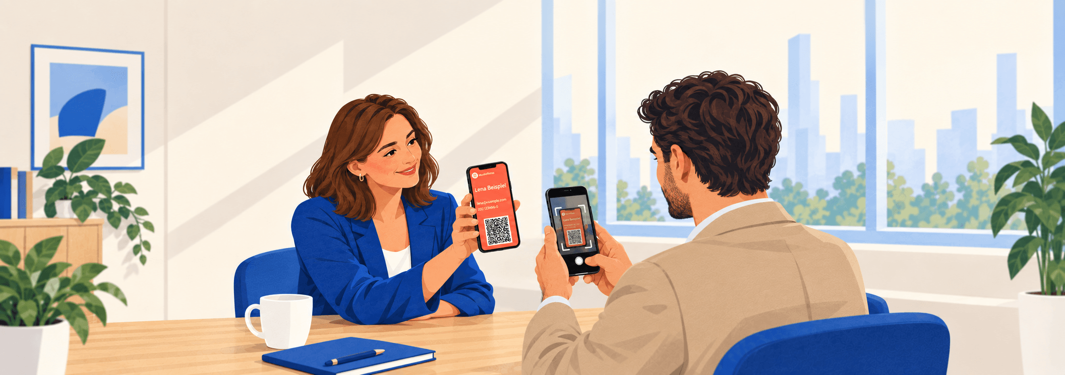 Illustration eines Kontaktaustauschs: Eine Frau zeigt ihre digitale Visitenkarte, ihr Gesprächspartner scannt den QR-Code mit seinem Smartphone.