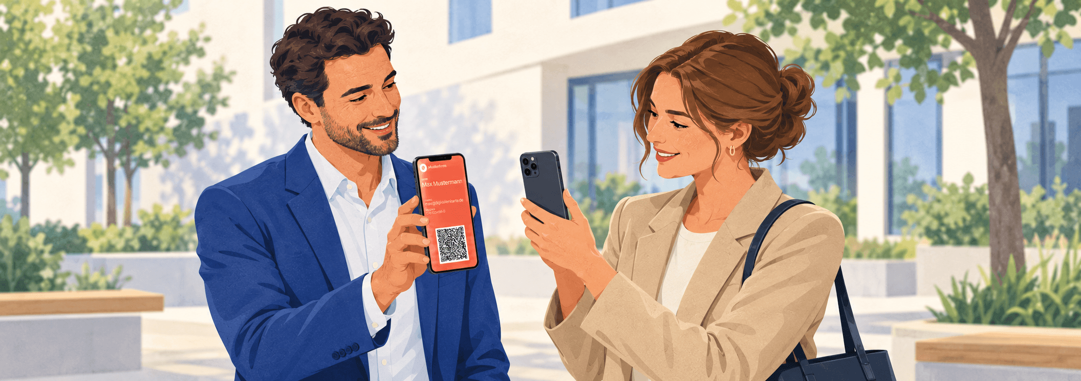 Illustration zweier Geschäftsleute im Freien: Eine Person zeigt ihre korallfarbene Wallet-Visitenkarte, die andere richtet ihre Smartphone-Kamera auf den QR-Code.