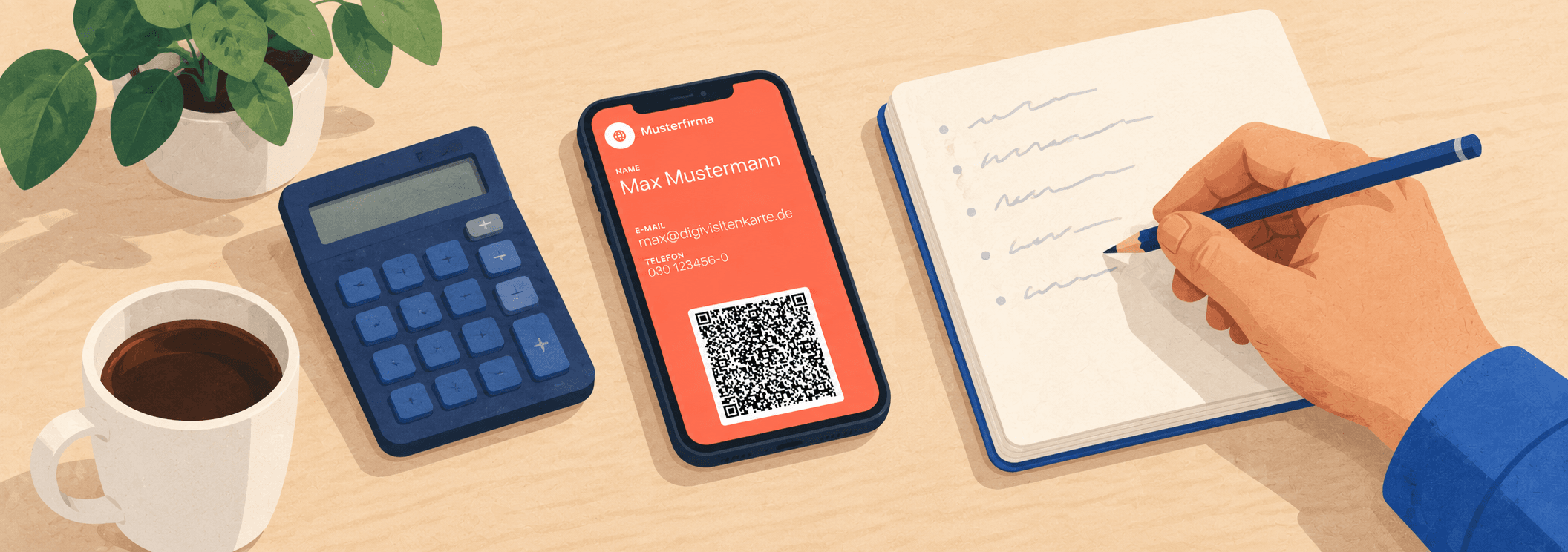 Illustration zur Budgetplanung: Smartphone mit korallfarbener Wallet-Visitenkarte, blauer Taschenrechner und eine Hand mit Bleistift am Notizbuch.
