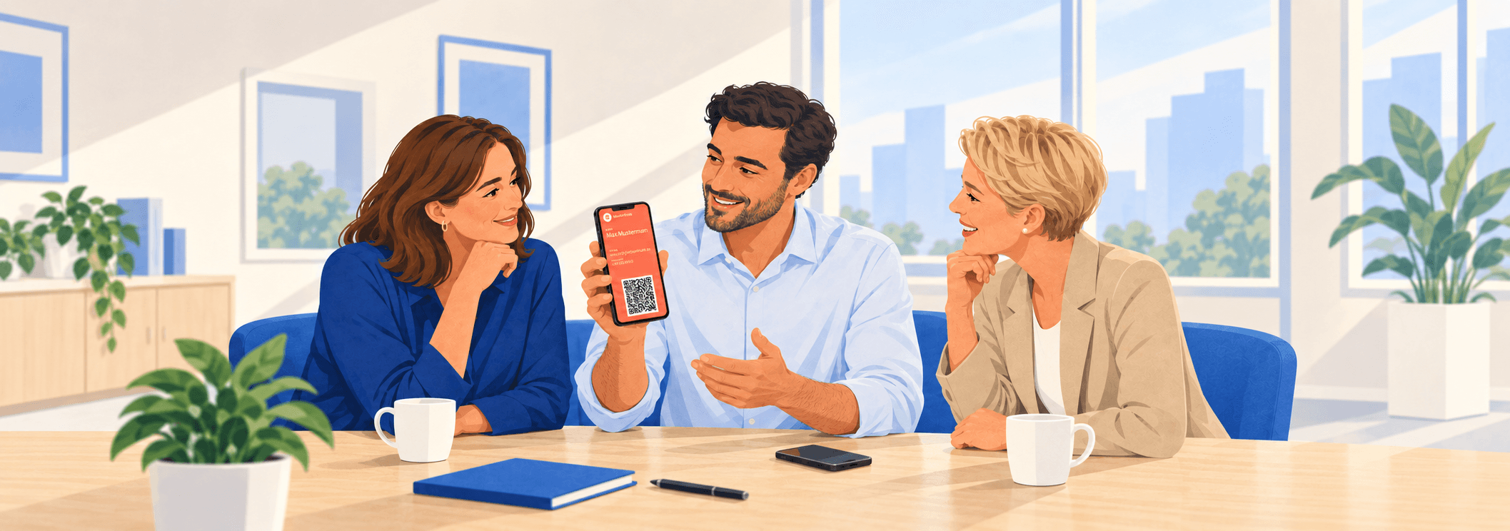 Illustration eines dreiköpfigen Teams am Besprechungstisch: Ein Mitarbeiter zeigt seine digitale Visitenkarte auf dem Smartphone.