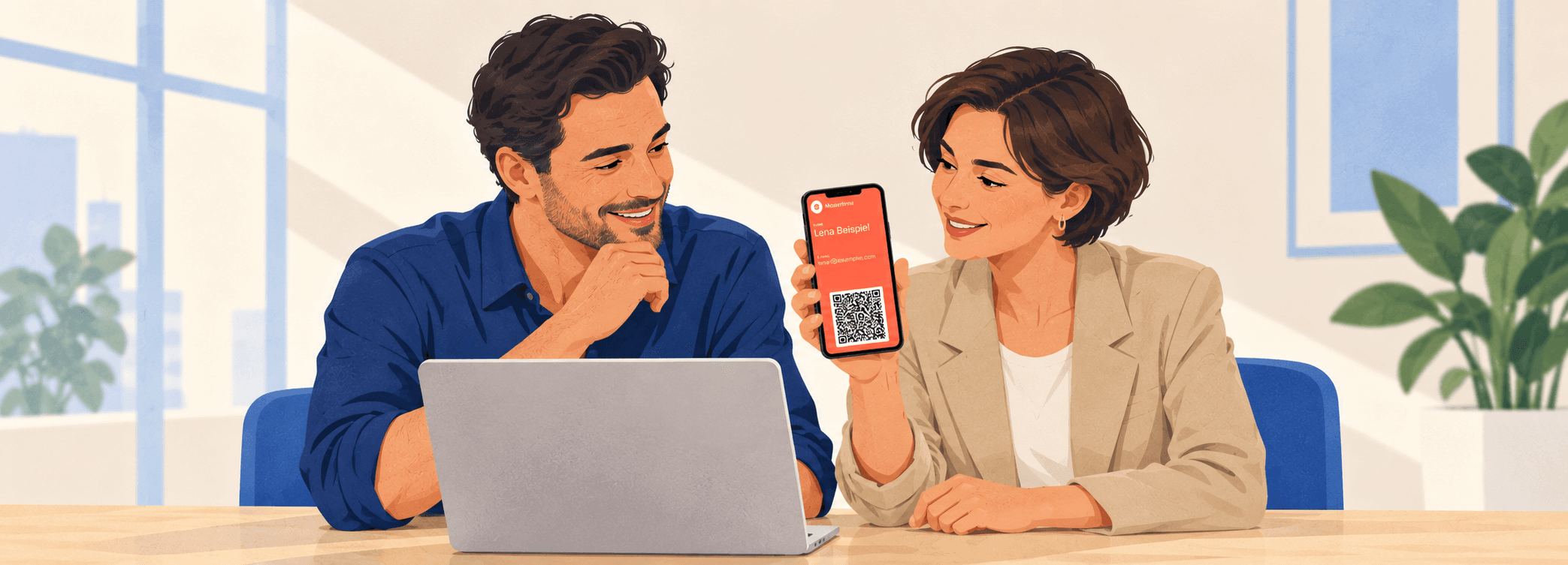 Illustration von zwei Kollegen am Laptop: Eine Mitarbeiterin zeigt ihre orange Wallet-Visitenkarte auf dem Smartphone.