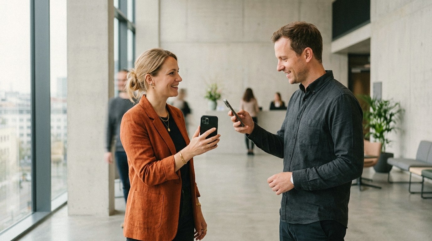 In einer hellen Bürolobby aus Sichtbeton hält eine Frau im rostroten Blazer ihr iPhone hoch, während ein Mann im dunkelgrauen Hemd gegenüber den Bildschirm mit der Kamera seines eigenen Smartphones scannt