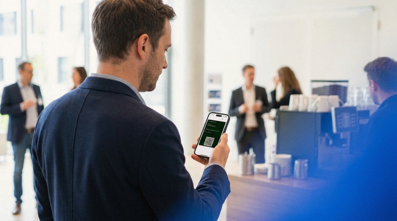 Über die Schulter fotografiert: ein Mann im dunkelblauen Blazer steht in der Kaffee-Ecke eines Konferenzbereichs und blickt auf seine grüne digitale Visitenkarte mit QR-Code auf dem Smartphone; im Hintergrund unscharfe Gäste und eine Kaffeemaschine.