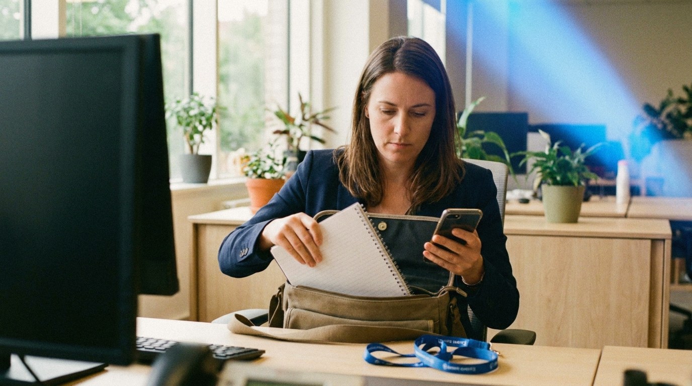 Eine Frau im dunkelblauen Blazer sitzt an einem hellen Bürotisch und steckt einen Notizblock in eine Umhängetasche, während sie in der anderen Hand ihr Smartphone hält; auf dem Tisch liegt ein blaues Event-Lanyard, im Hintergrund Pflanzen und Fenster.