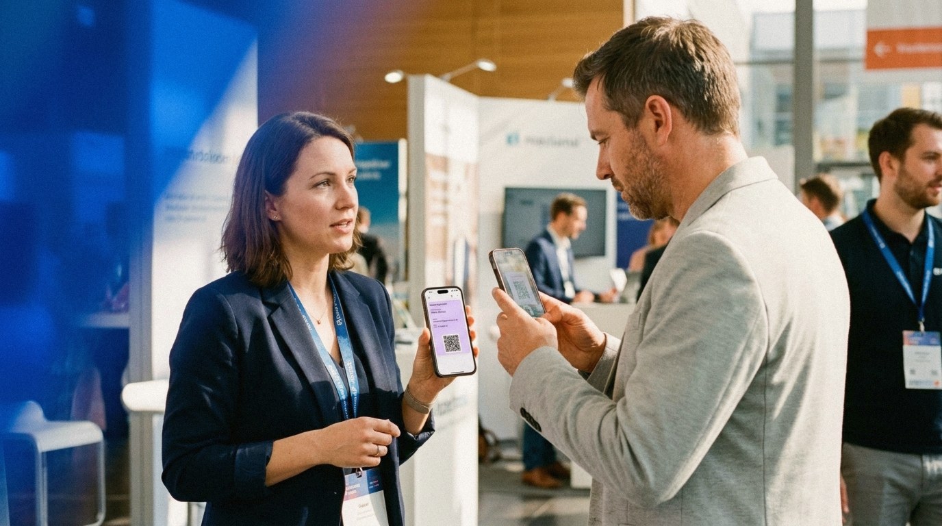In einer Messehalle hält eine Frau im dunkelblauen Blazer mit Lanyard ihr Smartphone mit einer lila digitalen Visitenkarte samt QR-Code hoch, während ein Mann im hellgrauen Sakko sie mit der Kamera seines eigenen Handys scannt; im Hintergrund unscharfe Messestände und Besucher.