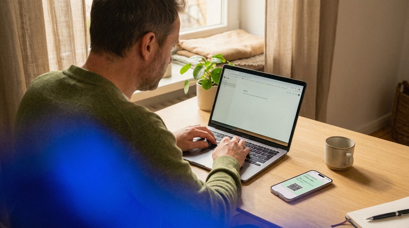 Über die Schulter fotografiert: Ein Mann im grünen Pullover arbeitet im Home-Office an seinem Laptop, daneben liegt sein iPhone flach auf dem Holztisch und zeigt eine mintgrüne digitale Visitenkarte mit QR-Code im Apple Wallet