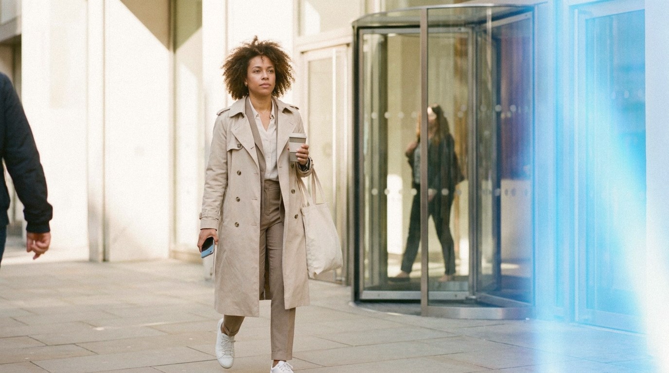 Eine Frau im beigen Trenchcoat verlässt eine Bürolobby mit Drehtür und geht mit Kaffeebecher, Stofftasche und ihrem Smartphone locker in der Hand über den sonnigen Gehweg