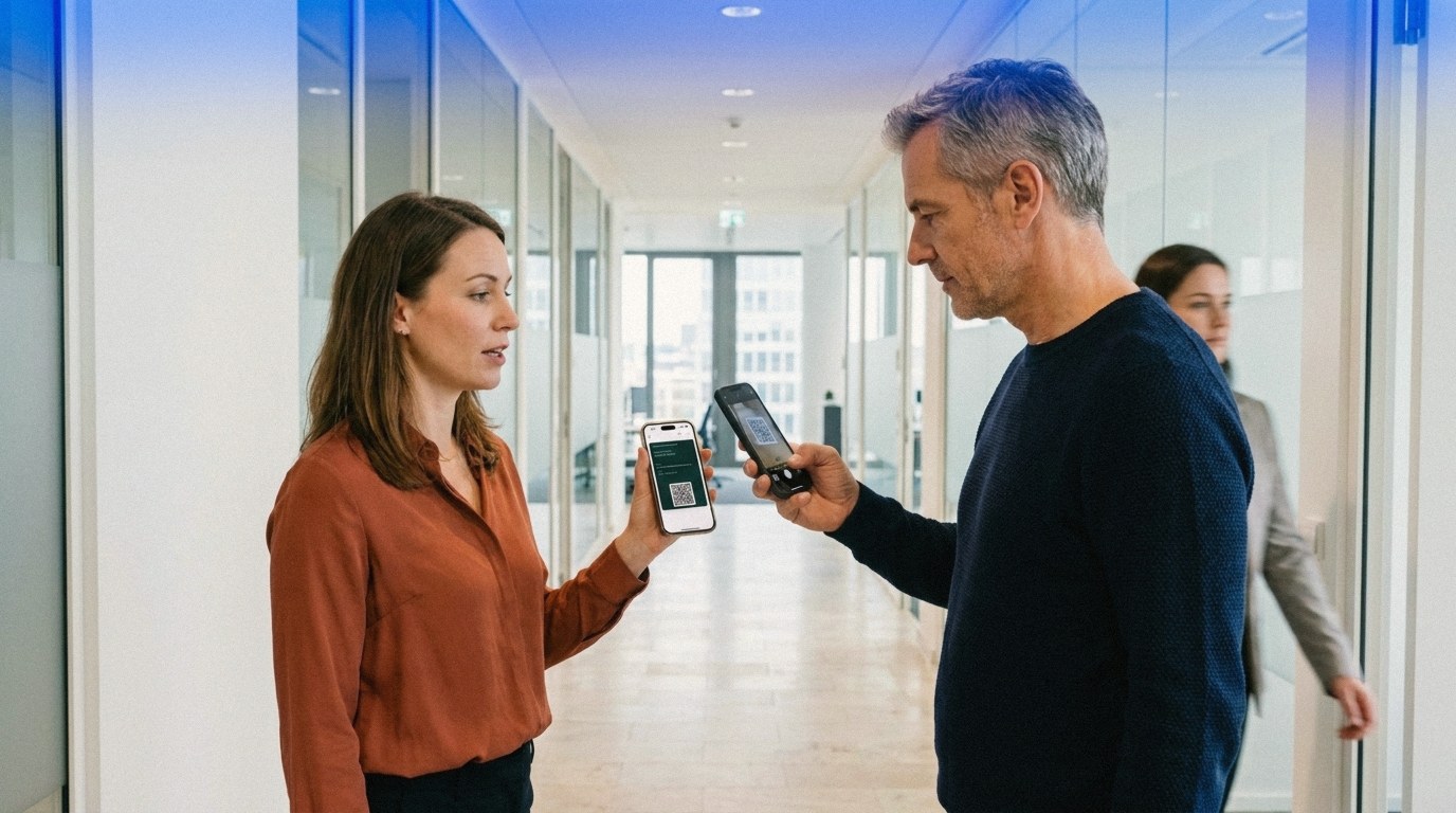 In einem hellen Büroflur mit Glaswänden hält eine Frau in rostroter Bluse ihr iPhone mit einer petrolfarbenen digitalen Visitenkarte und QR-Code hoch, während ein grauhaariger Mann im dunkelblauen Pullover sie mit der Kamera seines Smartphones scannt