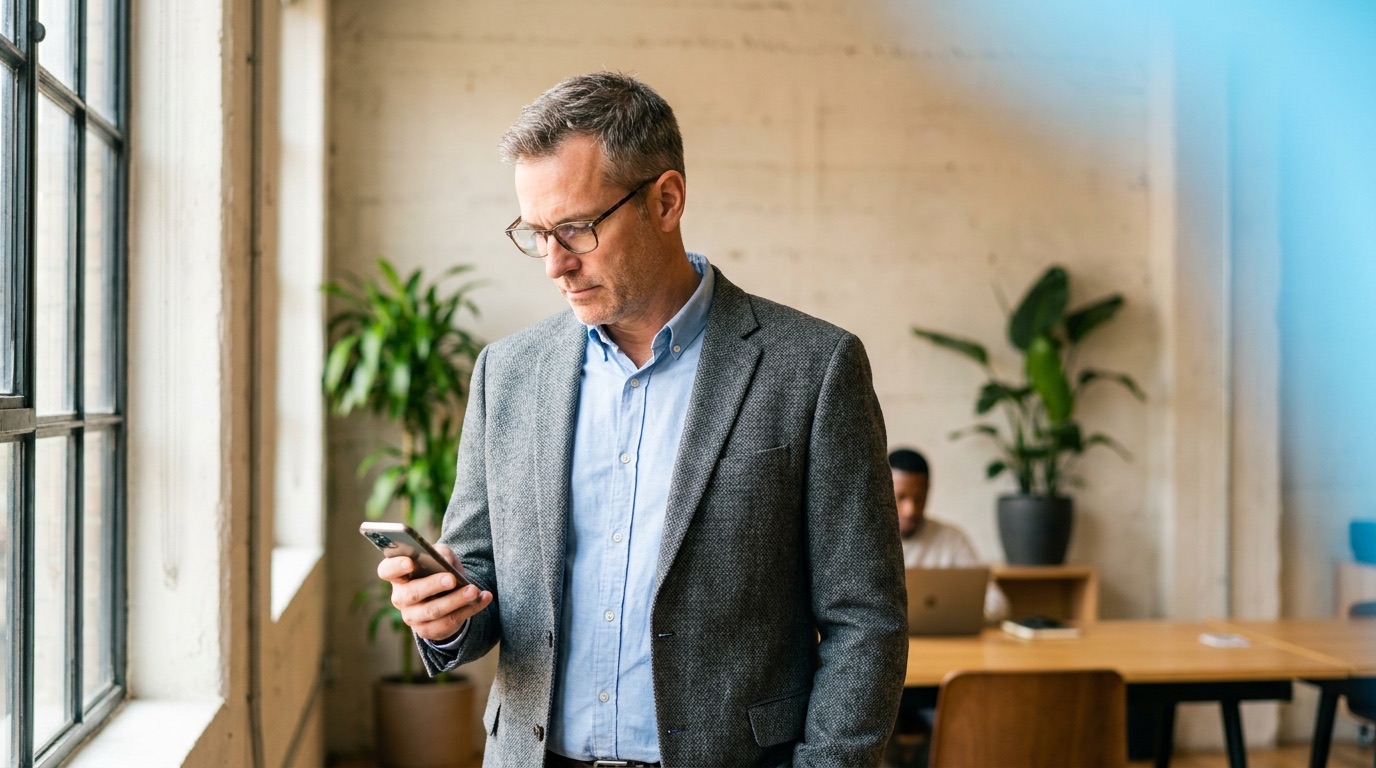 Mann mit Brille im grauen Sakko schaut in einem hellen Büro auf sein Smartphone; im Hintergrund arbeitet ein Kollege an einem Laptop
