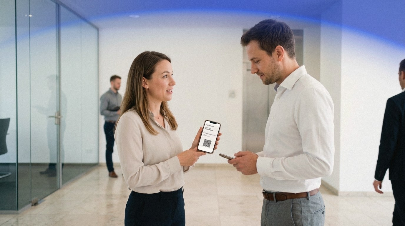 Frau hält in einem hellen Büroflur ein iPhone mit QR-Code-Visitenkarte hoch, ein Mann scannt sie mit seinem Smartphone