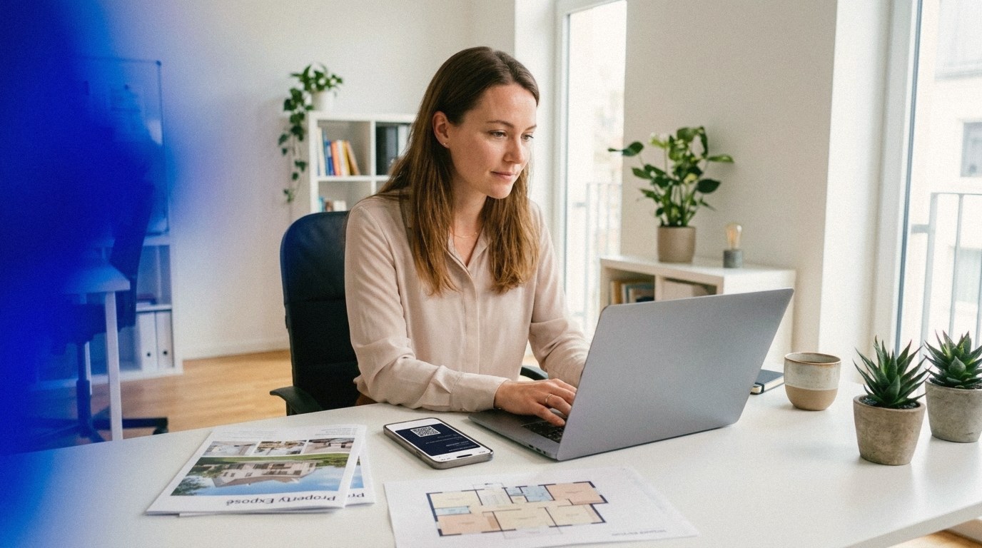 Eine Immobilienmaklerin arbeitet am Schreibtisch am Laptop, daneben liegen ein Exposé und ihr Smartphone mit der digitalen Visitenkarte