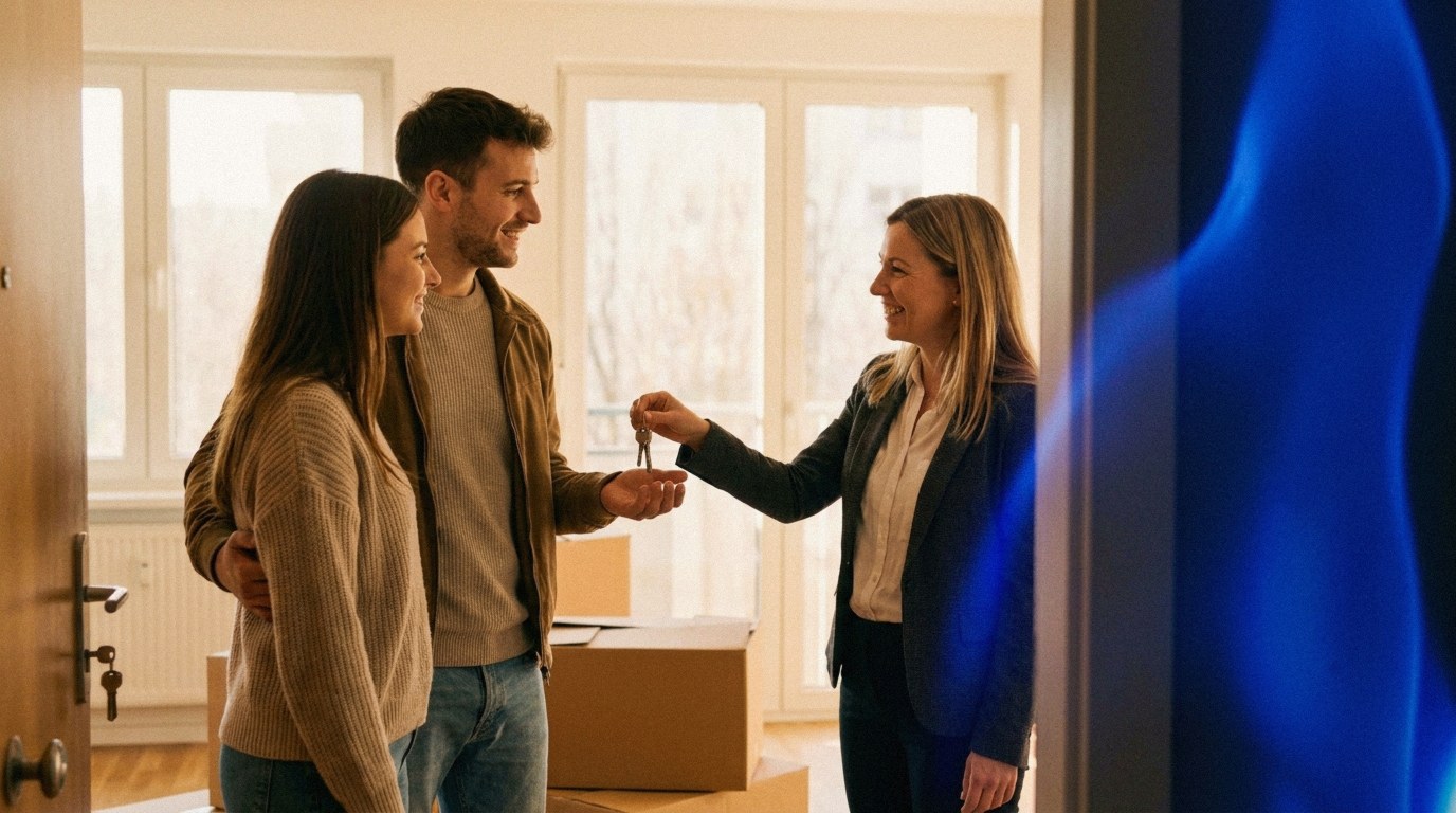Eine Immobilienmaklerin übergibt einem jungen Paar in einer hellen Wohnung die Schlüssel
