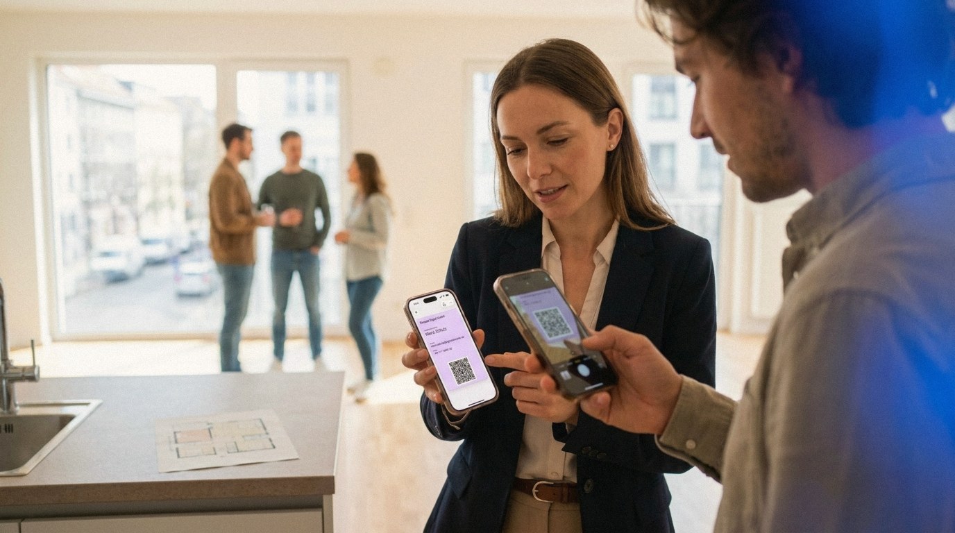 Bei einer Besichtigung scannt ein Interessent mit seinem Smartphone die digitale Visitenkarte, die eine Maklerin auf ihrem Smartphone zeigt